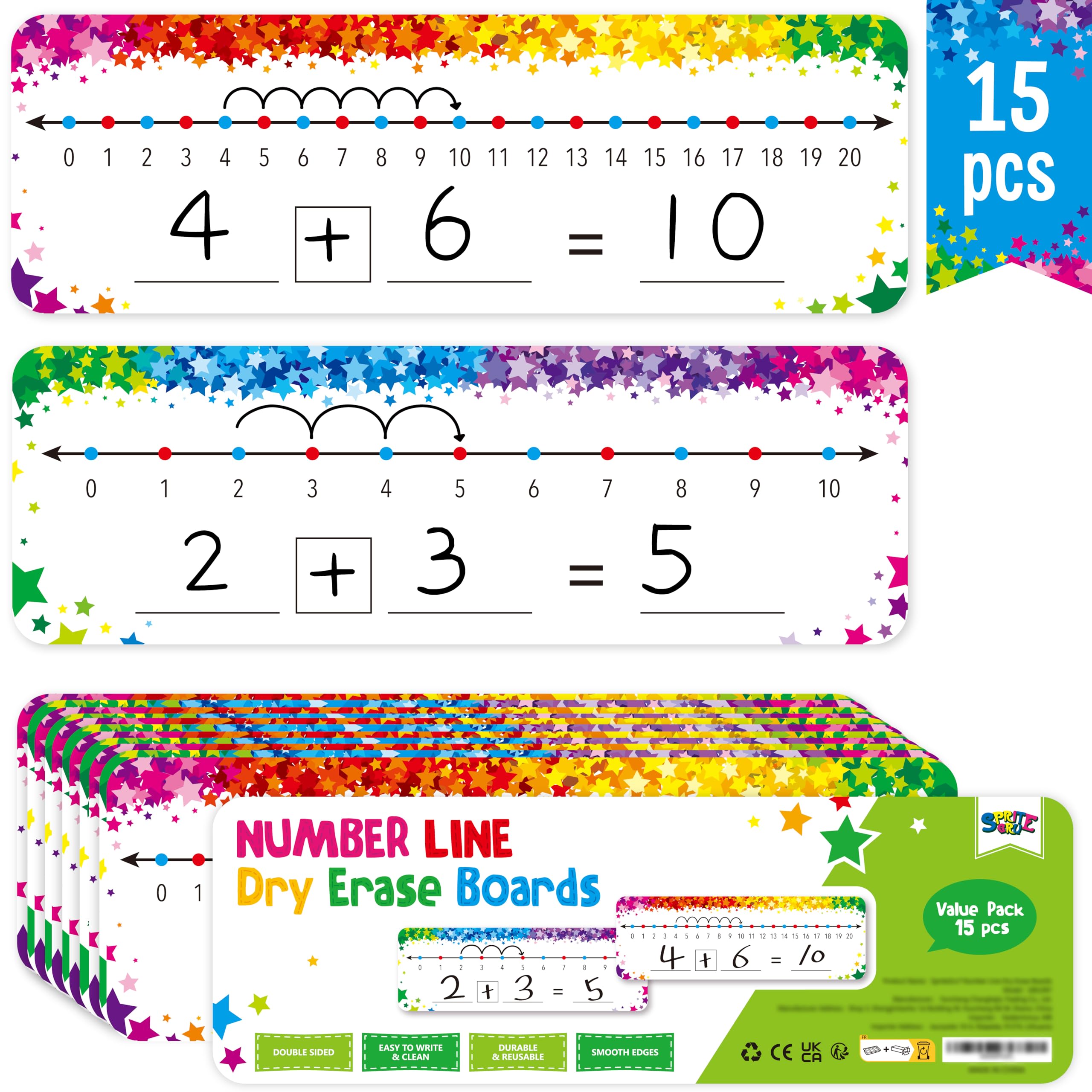 15 PCS Number Line Dry Erase Boards, Writable and Erasable Double Sided Board-0-10 on One Side & 0-20 on Other Side Math White Board for Kids, Students, Classroom and Home (12” x 4”, Colorful Stars)