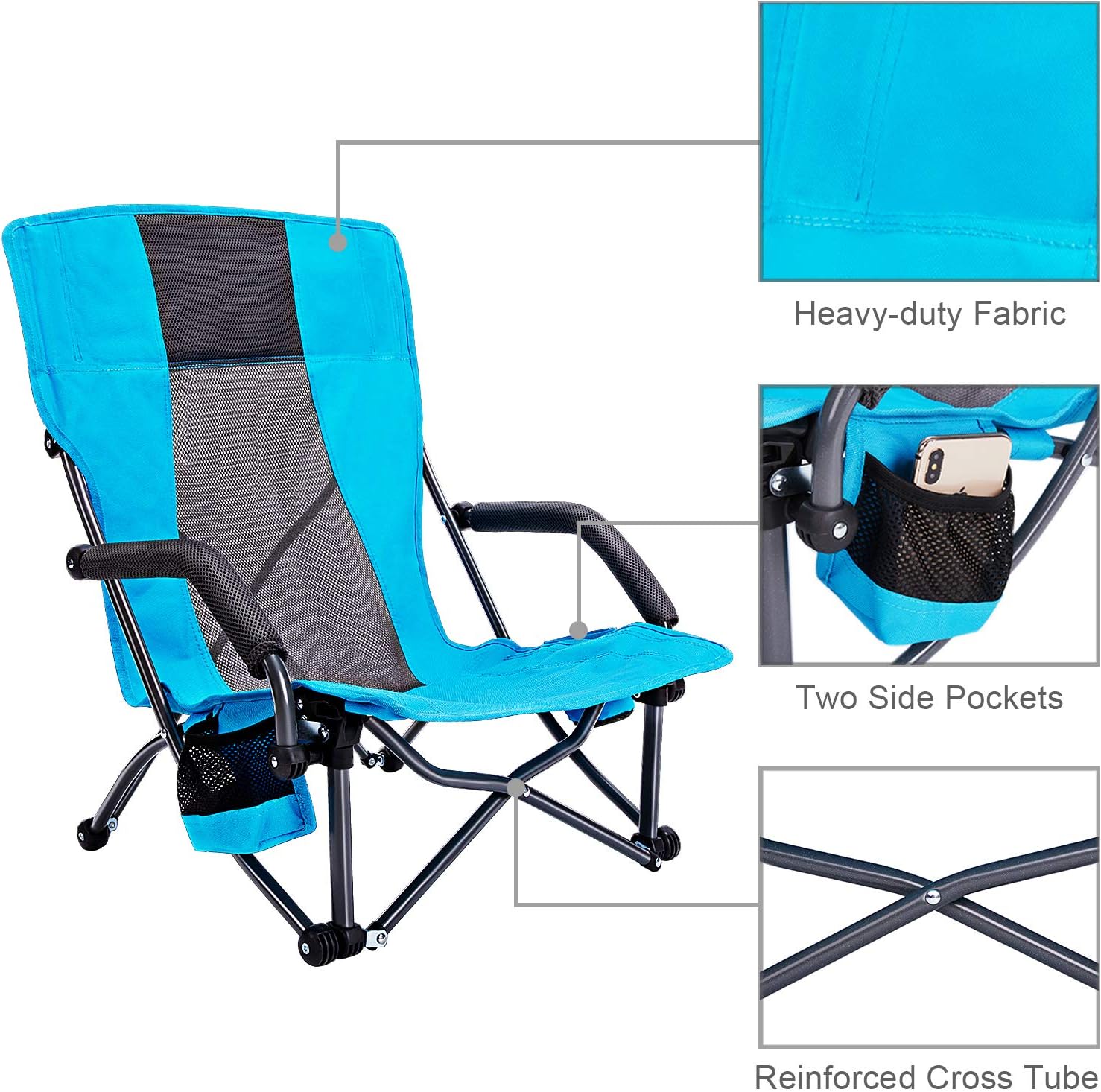 G4Free Low Beach Camping Folding Chair with Armrests, Ultralight Backpacking Chair with Cup Holder, for Camping Concert Lawn with Carry Bag (Blue): Kitchen & Dining