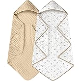Yoofoss Hooded Baby Towels for Newborn 2 Pack 100% Muslin Organic Cotton Baby Bath Towel with Hood for Babies, Infant, Toddler and Kids, 32x32Inch, Soft and Absorbent Newborn Essential, Beige Floral