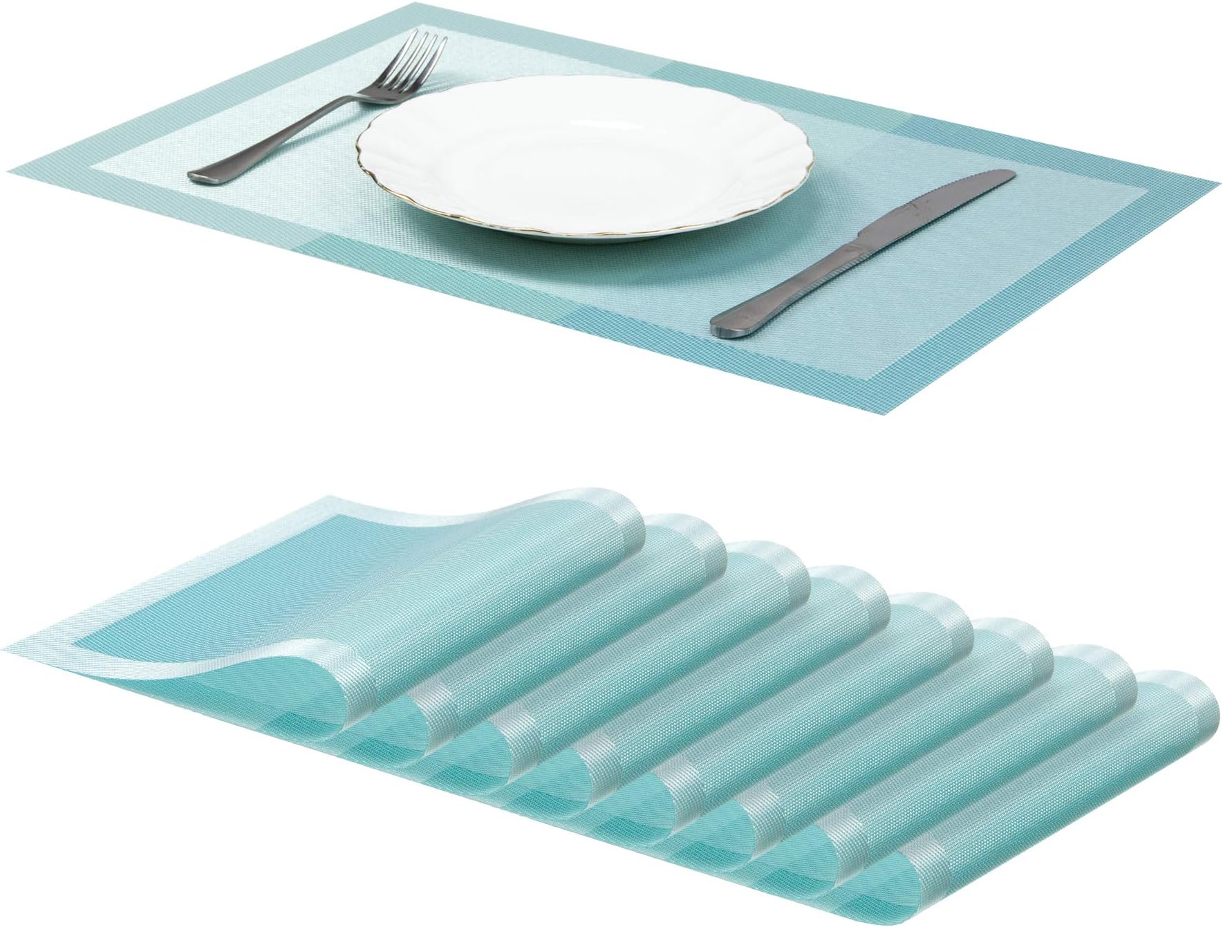 Jujin Placemats Set of 8 Non-Slip Washable PVC Heat Resistant Table Mats for Dining Table Blue