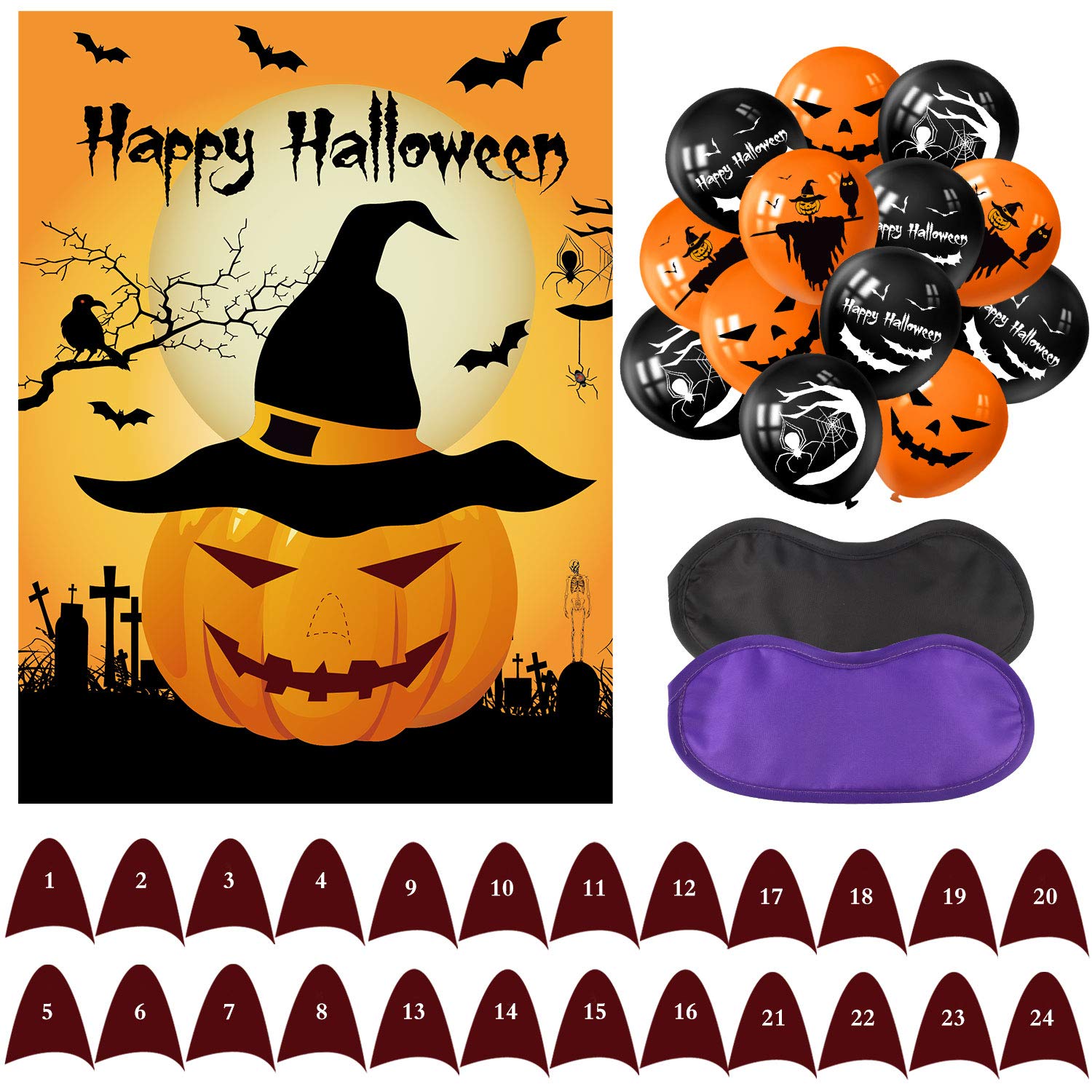 TUPARKA Pin the Nose on the Pumpkin Halloween Party Games with 24 Noses and 20Pcs Halloween Balloons for Halloween Party Favors, Halloween Decorations