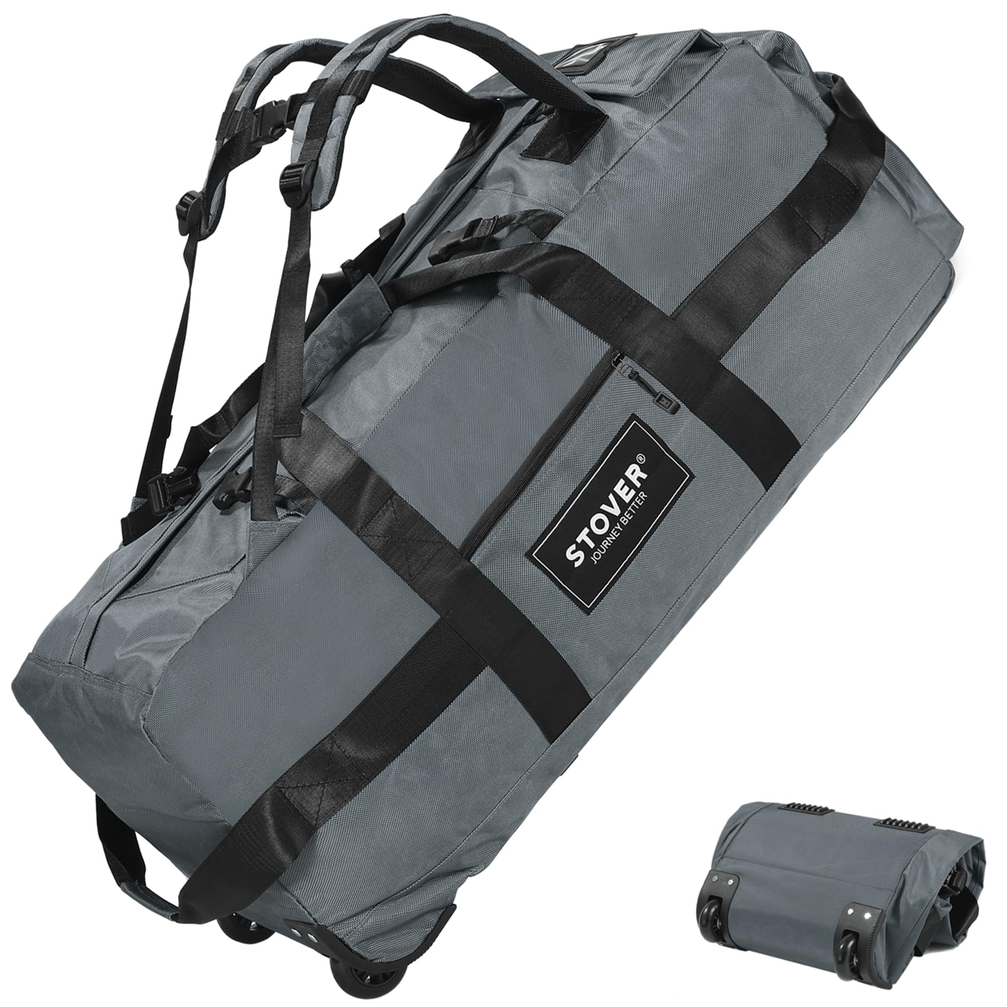 Photo 1 of STOVER 80L Rolling Duffel Bag with Wheels, Extra Large 31 Inch Durable Travel Duffle Bag- Rugged, Collapsible, Rollable Design w/Shoulder Straps- Use as Luggage or Backpack for Men/Women (Grey)