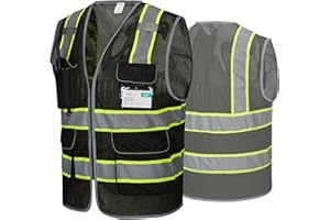 COOLJOB 9 Pockets Reflective Mesh Safety Vest for Men, Hi-vis Work Vest for Construction, Class 2 ANSI Standard, Black Yellow