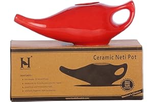 HealthGoodsIn Ceramic Neti Pot, Dishwasher Safe, Premium Handcrafted with 2 Silicone Nozzle and Salt for Sinus - 225 Ml. Capacity (Red)