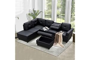 Evedy Sectional, L-Shaped Storage Ottoman/2 Cup Holder,PU Leather Modular Sofas with Extra Wide Chaise Lounge,Couches for Home/Office Living Room Furniture Sets, Black c