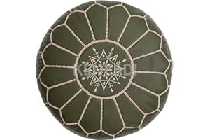 KENZADI Genuine Leather Ottoman Pouf Cover Hand Stitched in Marrakech by Moroccan Artisans, Footstool, UNSTUFFED (Crocodile Green by Beige)