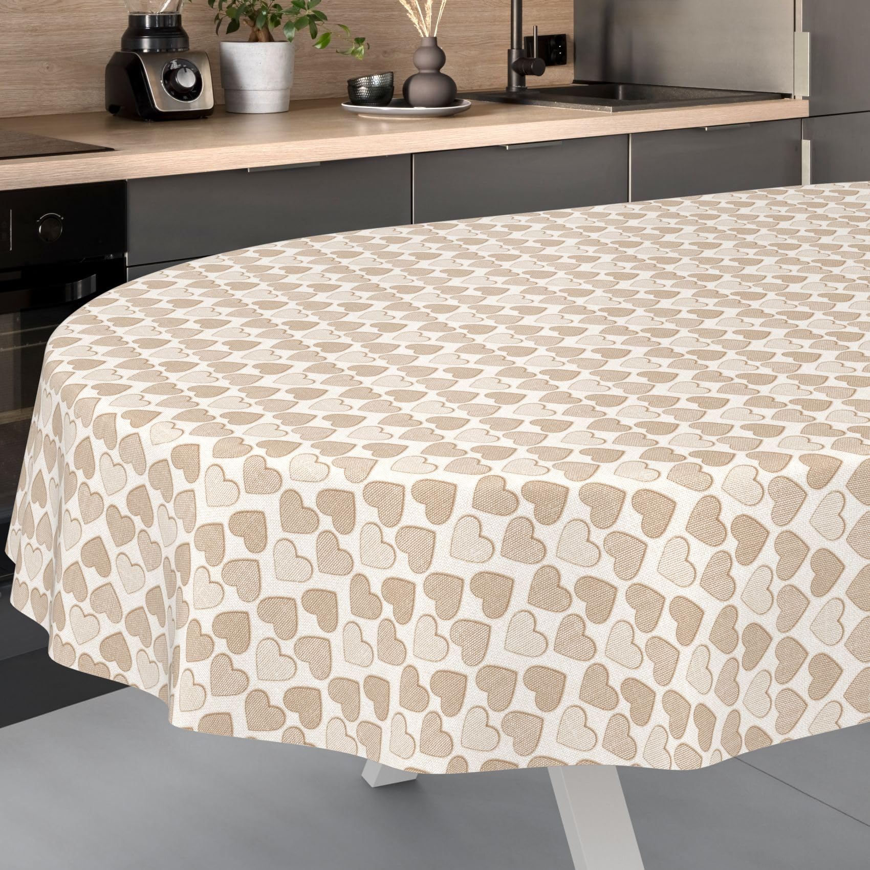 ANRO Oilcloth Tablecloth, Washable, Oilcloth, Garden Tablecloth, Outdoor, Indoor, Oval, 180 x 140 cm, Cut Edge, Heart, Beige