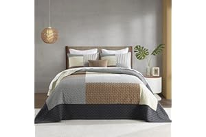 DDUOXIN Oversized King Bedspread Set 128" W x120 L - 100% Cotton California King Quilt with 2 Pillow Shams, Farmhouse Patchwork Plaid Reversible Lightweight Bedspreads, Brown/Gray/Beige