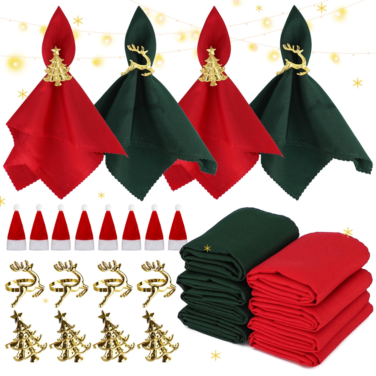 Photo 1 of 24 Pcs Christmas Napkin Rings Cloth Set, Includes 8 pcs Gold Napkin Rings, 8 pcs Cloth Napkins, 8 pcs Christmas Santa Hats Silverware Holders for Party Decoration, Dinning Table, Holiday, Wedding