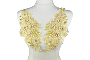 YOOGCORETT 1 Pair 3D Embroidered Lace Sew on Rhinestone Beaded Sequins Flower Patch Applique for Clothing Wedding Dress Applique Decor 12.6 x 6 Inch, Yellow