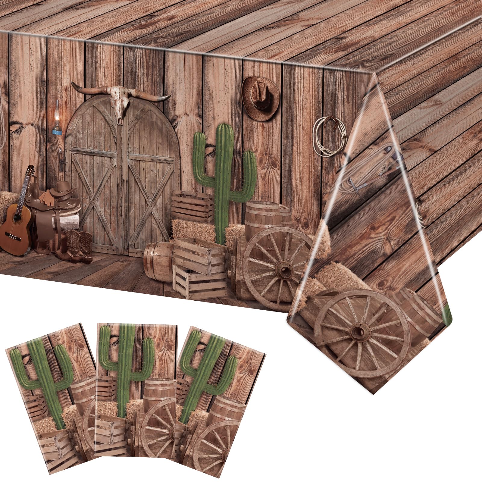 Photo 1 of Lemicin 3 Pack Western Party Tablecloth 54 x 108 Inch, Disposable Plastic Table Cloth for Western Cowboy Party Baby Shower Birthday Party Wooden Table Cover