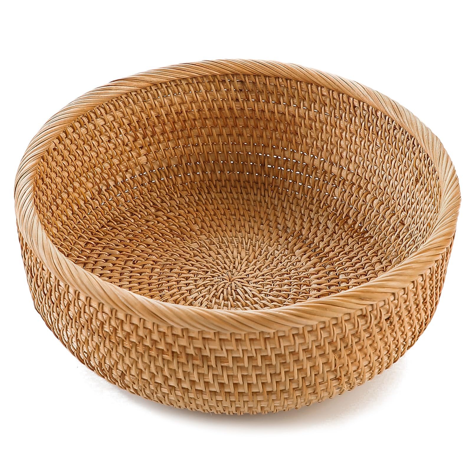 Photo 1 of HITOMEN Handmade Rattan Bread Baskets Round Wicker Fruit Serving Storage Bowls, Natural Woven Decorative Kitchen Counter Organizing (Honey Brown) M-9.1"