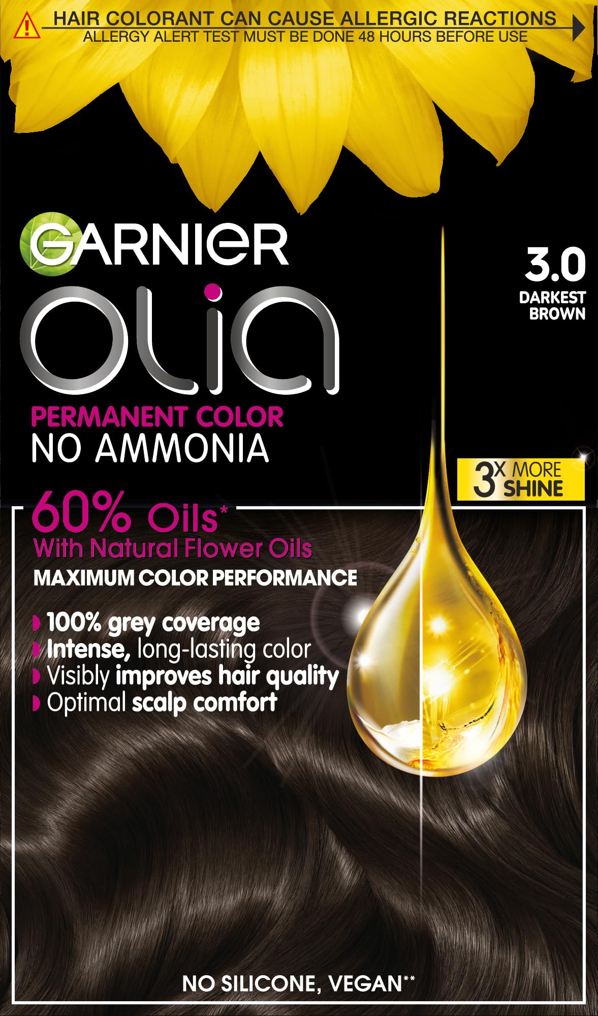 Garnier Olia Soft Black Permanent Hair Dye, Up to 100% Grey Hair Coverage, NO Ammonia, 60% Oils - 3.0 Darkest Brown โ image 1