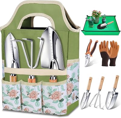 Kynup 7-Piece Garden Tools Set Stainless Steel Wood Handles with Tote