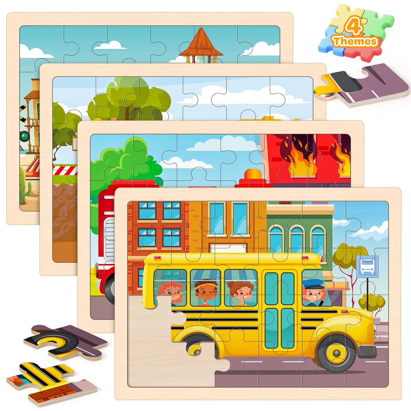 Photo 1 of Puzzles for Kids Ages 4-6, 4 Packs 24 Pcs Wooden Jigsaw Puzzles for Toddlers Ages 2-4, Preschool Educational Vehicle Puzzle Toys Gifts for 3 4 5 6 Boys Girls