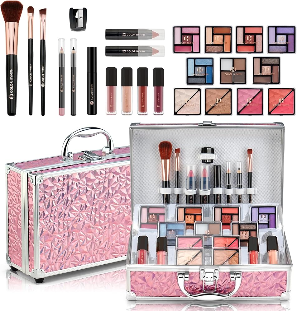 Color Nymph Makeup Kit for Teen Girls - Birthday Gift Set, Pink Train Case | Beginner Cosmetics Set with Eyeshadow, Blush, Hi