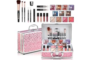 Color Nymph Starter Makeup Kit for Tweens Girls, Train Case for Women Full Kit with Eye Shadow, Lipstick, Blush, Brushes, Lipgloss, Mascara, Brow Wax and Mirror Pink Full Starter Cosmetics Set