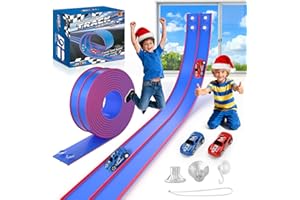 DKOXT Flexible Race Track for Kids 15 Feet of DIY Flex Track Race with 2 Cars & 3 Strong Suction Cups Car Ramp Toy Track, for Kids Ages 3+, Blue