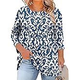LOMON Womens Plus Size Tops 3/4 Length Sleeve Blouses Crew Neck Business Casual Tunic Tops with Asymmetrical Hem 1X-5X