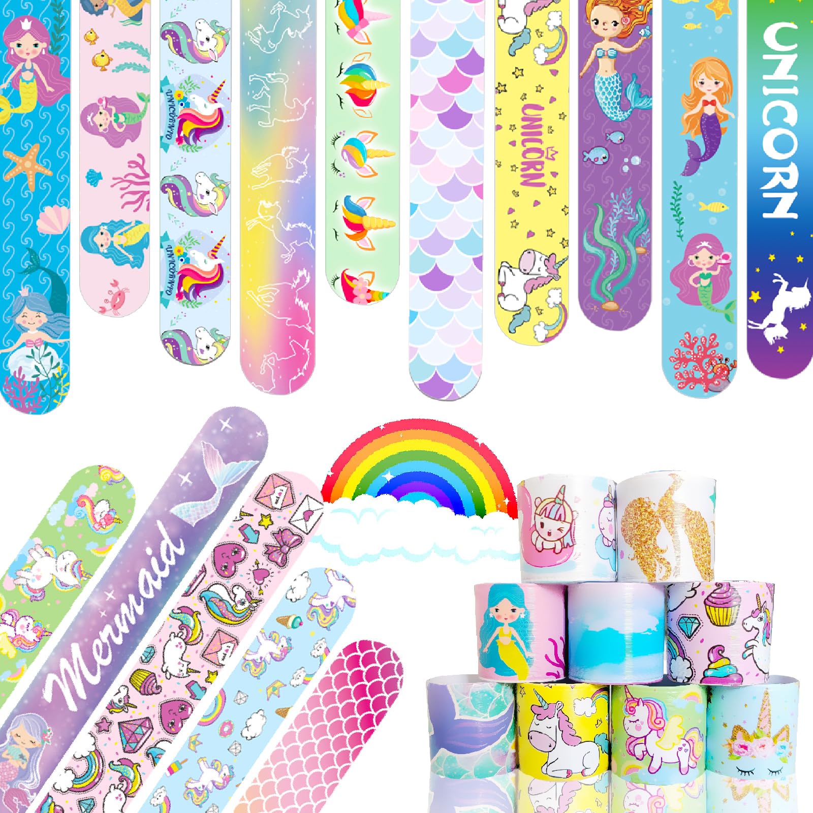 Photo 1 of Viicoor Slap Bracelets 48PCS Unicorn Mermaids Snap Bracelet Wrisrtband for Party Favors Basket Bag Filler School Prizes Birthday Exchanging Gifts Bulk (19-Mermaids and Unicorns-48PCS)