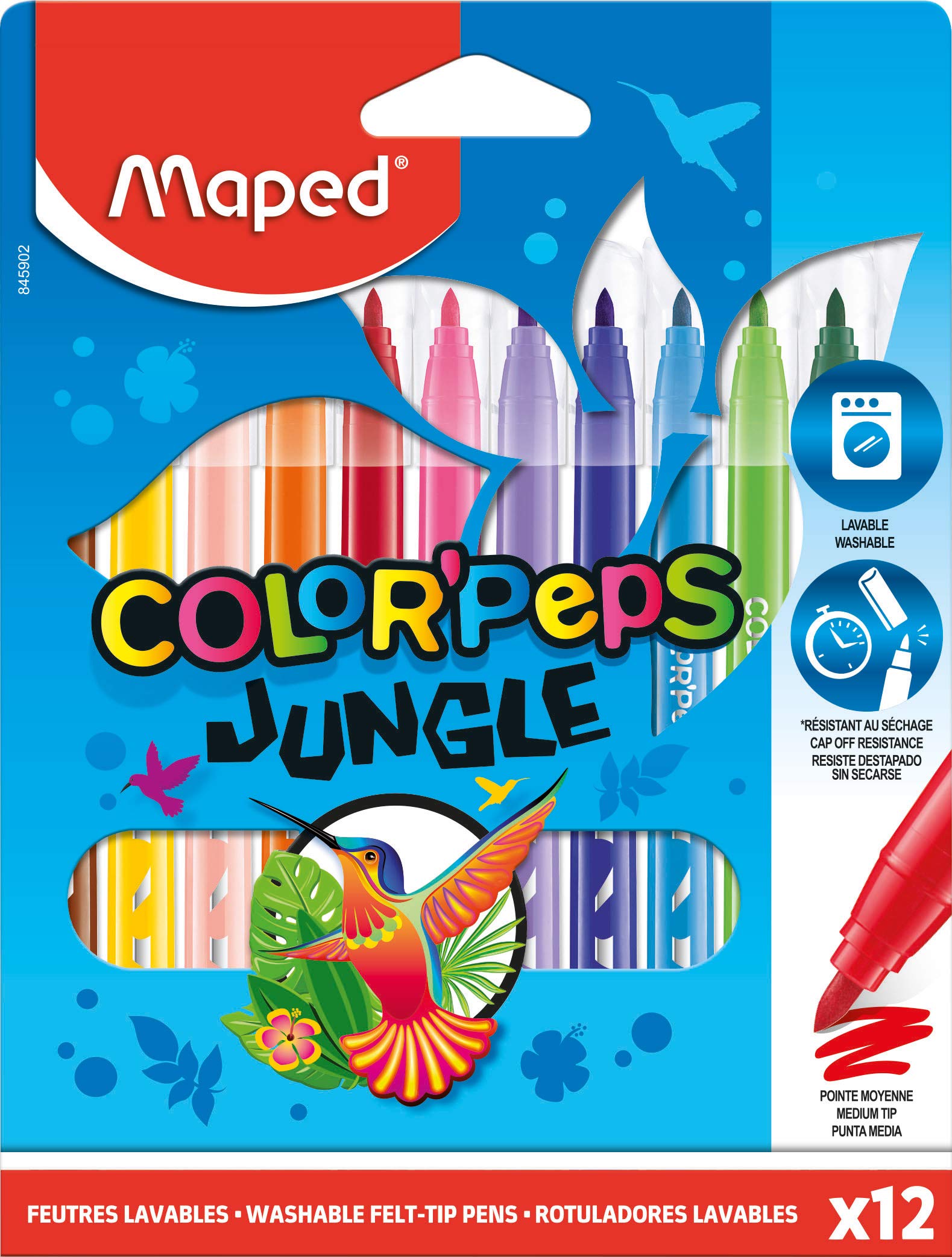 Maped Color'Peps Jungle Colouring Felt Tip Pens - Pack of 12 Bright Colours - Ideal for Everyday Colouring