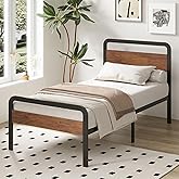 Richwanone Twin Bed Frames with Wood Headboard and Footboard,14 Inch Metal Platform Frame with Steel Slat Support, No Box Spring Needed, Easy Assembly, Black