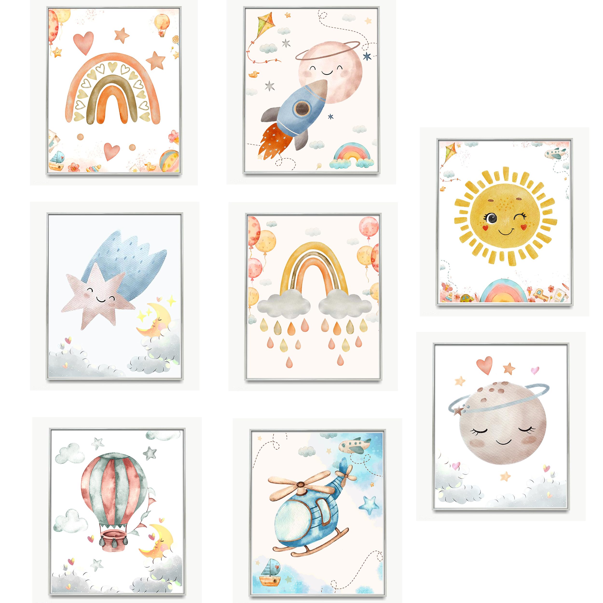 Photo 1 of **5 pack **Toddler Room Decor for Boys Watercolor, Boho Nursery Wall Decor, Outer Space Room Decor for Boys, Rainbow Wall Decor Nursery Baby Boy, Wall Art Gift for Kids Bedroom Playroom Decor 8''x10'' Set of 8