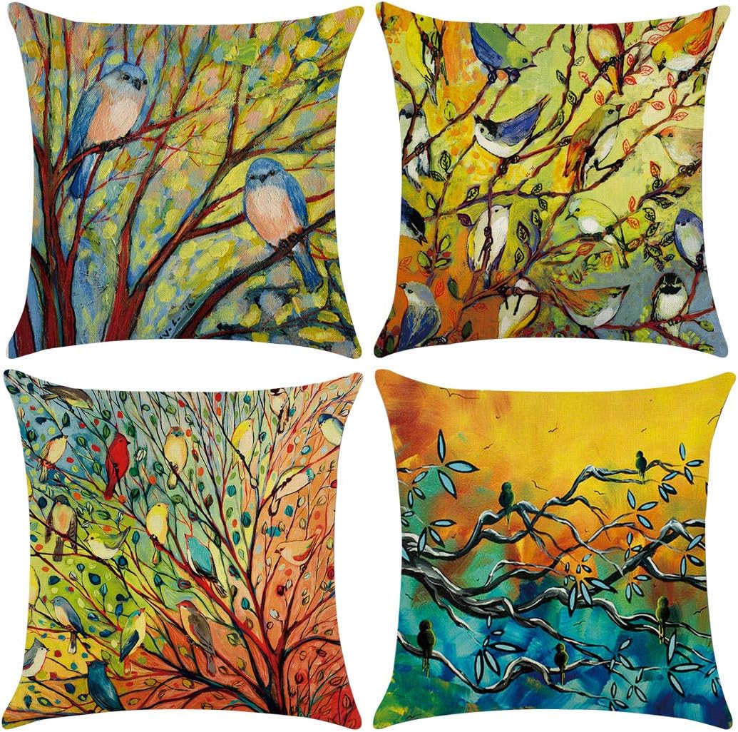 Polyester Throw Pillow Case,Vivid Birds Print Pattern Cushion Cover Home Sofa Decorative(Cover Only,No Insert)(18x18 inch/ 45x45cm,4 Pack Vivid Birds)