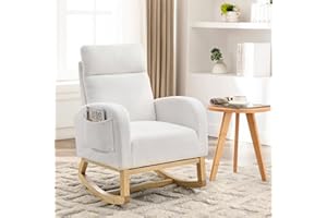 JEEOHEY Rocking Chair Nursery, Modern Glider Chair for Nursery with Solid Wood Legs,Upholstered Rocker Arm Chair with Two Side Pockets for Living Room Bedroom(Teddy-White)