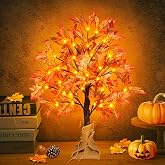 Remon 24 Inch Lighted Fall Maple Tree - 2FT Thanksgiving Tabletop Lamp Decor with 36 LED Lights, 72 Maple Leaves, 6 Acorns, Timer, Burlap Base, Battery Operated Fall Artificial Tree for Indoor