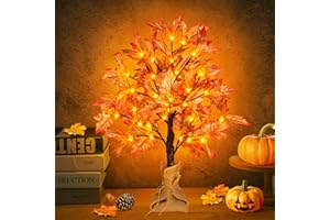 Remon 24 Inch Lighted Fall Maple Tree - 2FT Thanksgiving Tabletop Lamp Decor with 36 LED Lights, 72 Maple Leaves, 6 Acorns, Timer, Burlap Base, Battery Operated Fall Artificial Tree for Indoor