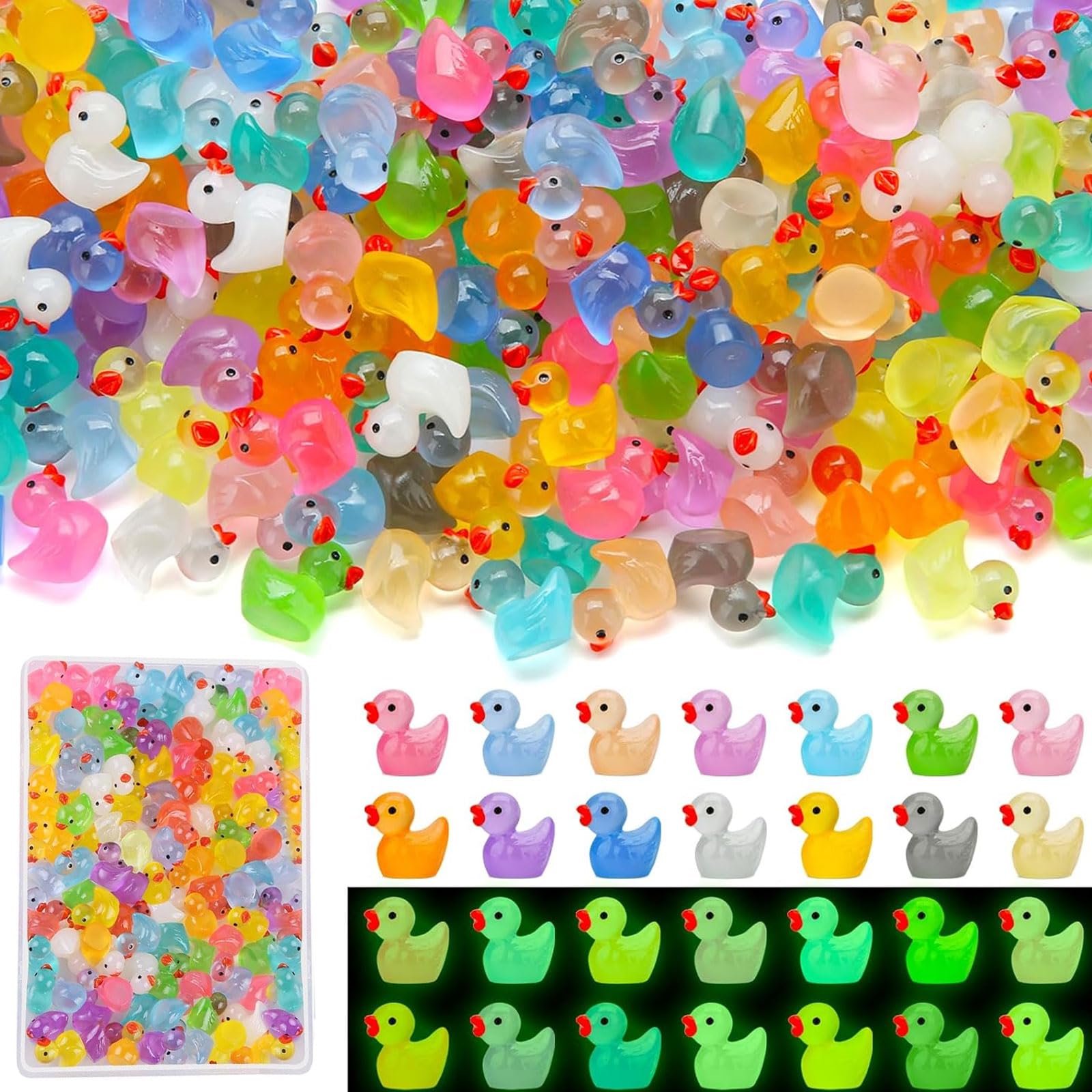Houbobo 240PCS Luminous Mini Resin Ducks, Tiny Animals Bulk Glow in The Dark Small Plastic Miniature Ducks Figures for Dollhouse Decor Micro Garden Home Landscape Aquarium Craft Gifts Party Favors