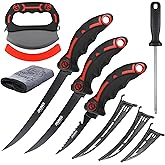 Ulu & Fillet Knife Set – 5”, 7”, 9” German High Carbon Steel Blades with Sheaths, Non-Slip Handles, Honing Rod & Carry Bag, Mezzaluna Knife for Kitchen, BBQ, Camping & Fishing, Birthday Gift for Men