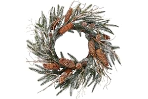 BINFEN 20" Flocked Norfolk Winter Wreaths for Front Door, Frosted Cedar Pine & Pinecones Winter Wreath Covered in Snow Decoration Outdoor, Green White Door Reef for Farmhouse Porch Wall Window