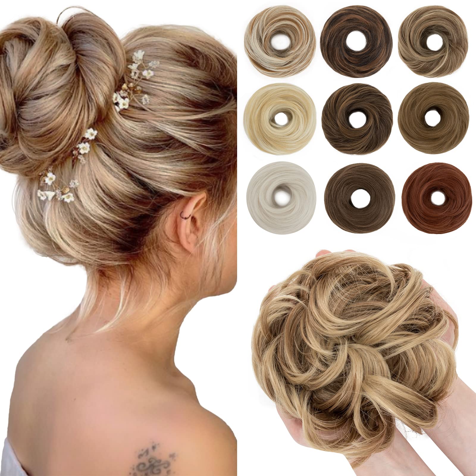 SEGO 55g Messy Bun Fluffy Tousled Updo Scrunchies Synthetic Thicker Hair Bun Hair Piece For Women Donut Easy Bun Hairpiece, Light Brown to Ash Blonde, 1 Count