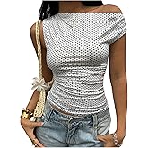 Milumia Women's Polka Dots Tee Off The Shoulder Asymmetrical Ruched Sleeveless Fitted Going Out Tops