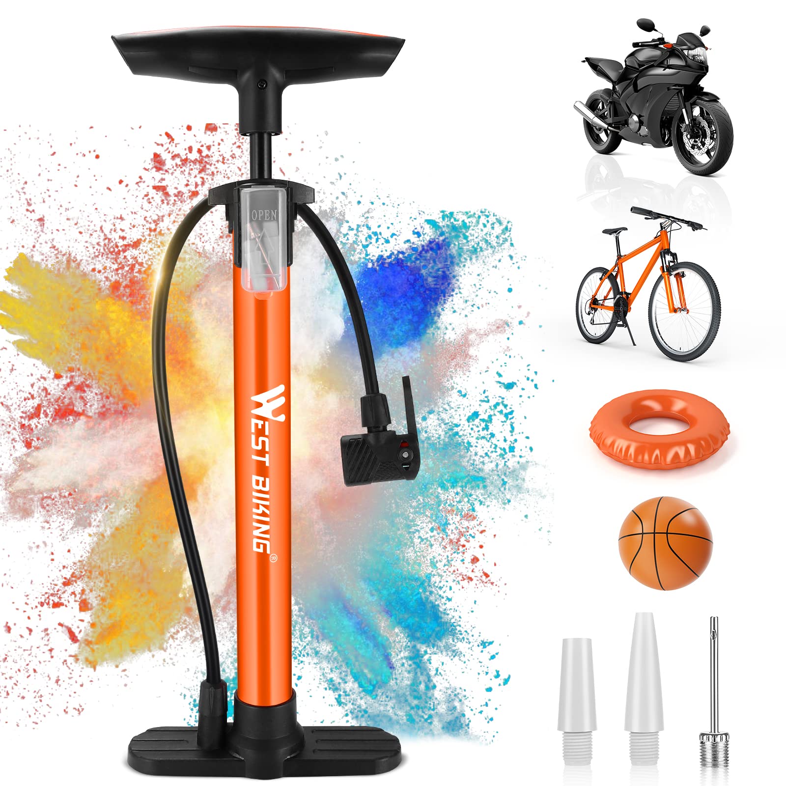 WESTGIRL Bicycle Pumps for All Bikes - 11 Bar/160 Psi High Performance Floor Pump - Portable Bike Tyre Pump for Road Mountain Bike, E-Bike, Bicycle Pump for French Valves and Adapters (Orange)