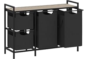 Yifeel Laundry Hamper with shelf, Laundry Basket 3 Section, Laundry room organization, Laundry Sorter with Pull-out 4 clothes bags(All 148L), Bedroom, Bathroom and Dorm, Greige and Black JLH002SG