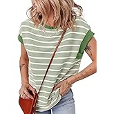 EVALESS Womens Short Sleeve Tops Casual Crewneck Oversized T Shirts Summer Trendy Striped Knit Tee Blouses