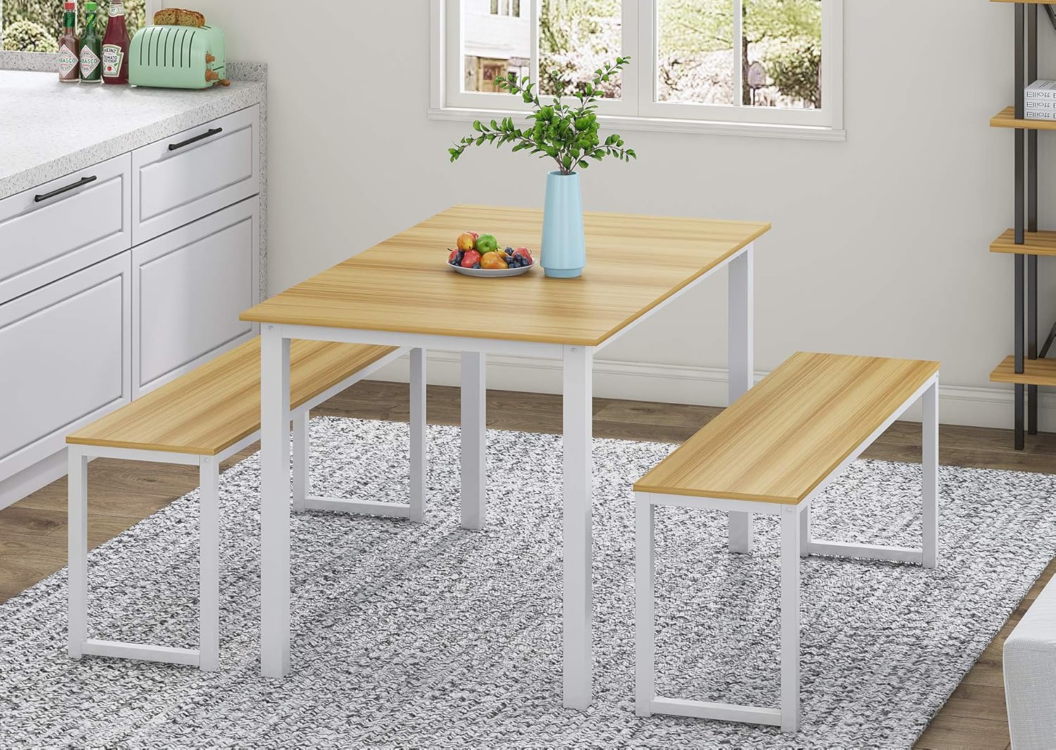 HOMURY 3 Piece Dining Table Set Breakfast Nook Dining Table with Two Benches,White: Furniture & Decor