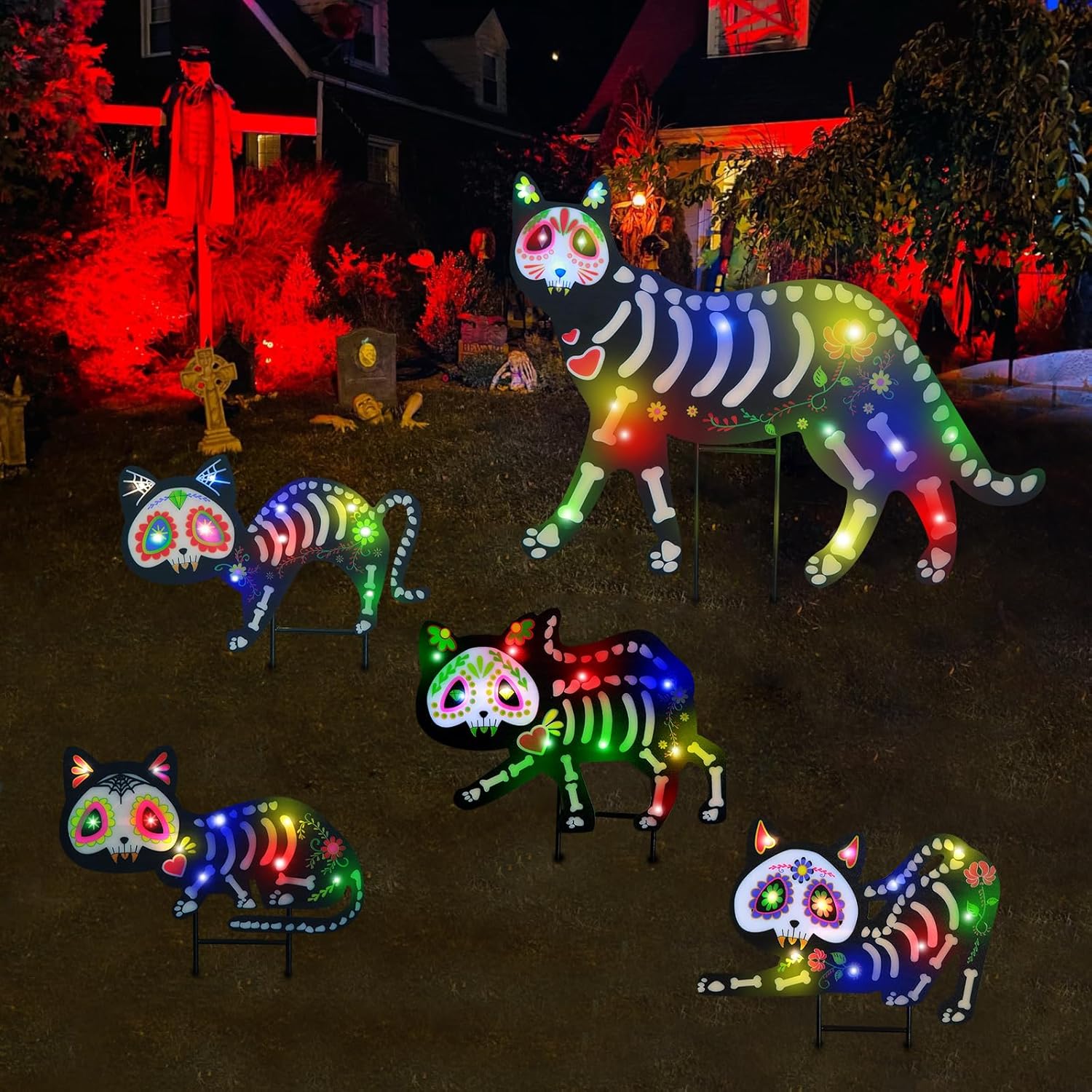 Yard Signs - Halloween Decorations Outdoor Yard Signs, 5PCS Lighted Skeleton Black Cat Battery Powered with Stakes Spooky Scary Halloween Decor Yard Lawn Garden Sign