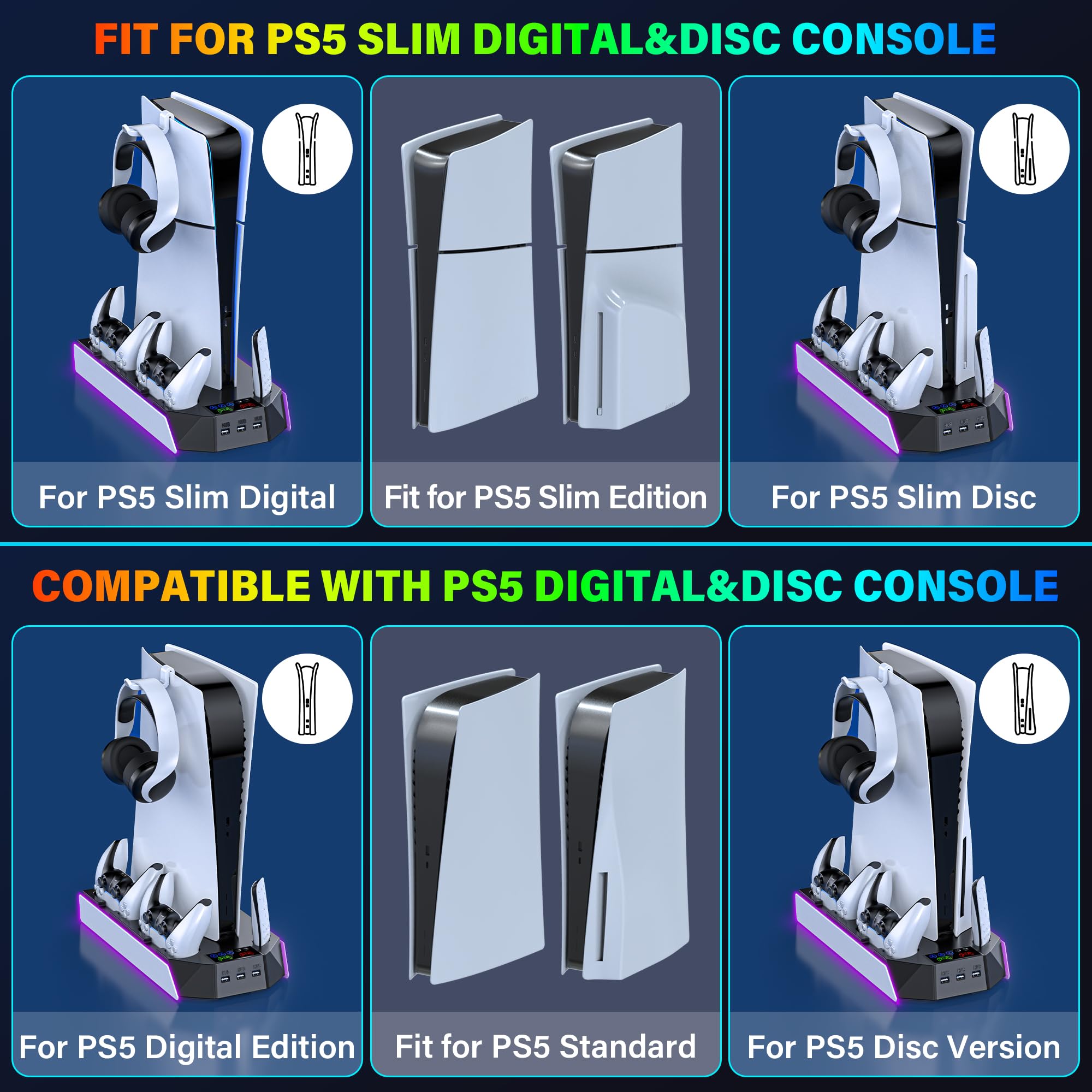 PS5/PS5-Slim-Cooling-Station-with-Controller-Charging-Station for PlayStation 5 Console Disc/Digital, LED RGB Light Cooling Stand with Cooler Fan for PS5 Accessories with 3 USB Hubs/Headset Holder