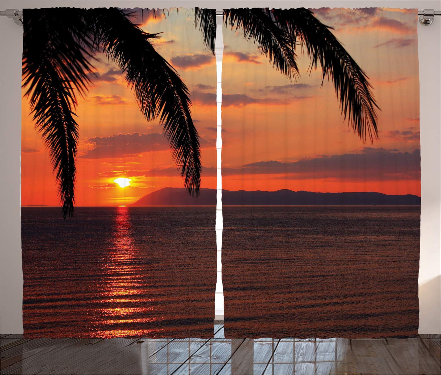 ABAKUHAUS Exotic Curtains, Sunrise on Sea and Palms, Living Room Bedroom Window Drapes 2 Panel Set, 89 L X 110 W, Orange Yellow