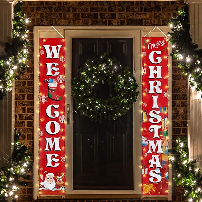 Crenics Christmas Porch Sign Banner with Led String Lights