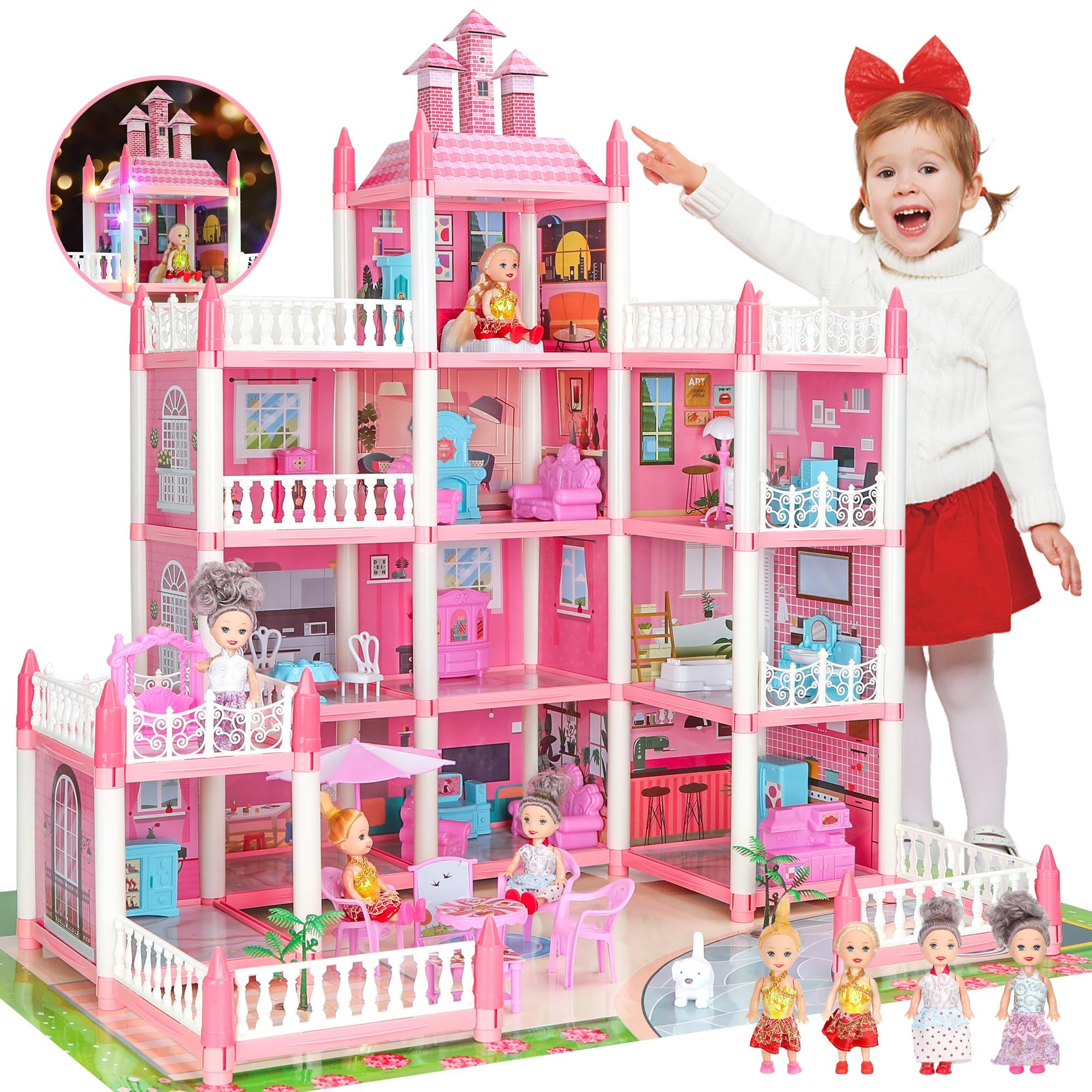 Pink Doll Houses for Girls, Playhouse 4-Story 11 Rooms with 4 Dolls & Furniture Accessories & Flashing Lights, Princess Doll House Toy Toddler Birthday Gift for 3 4 5 6 7 8 Year Old