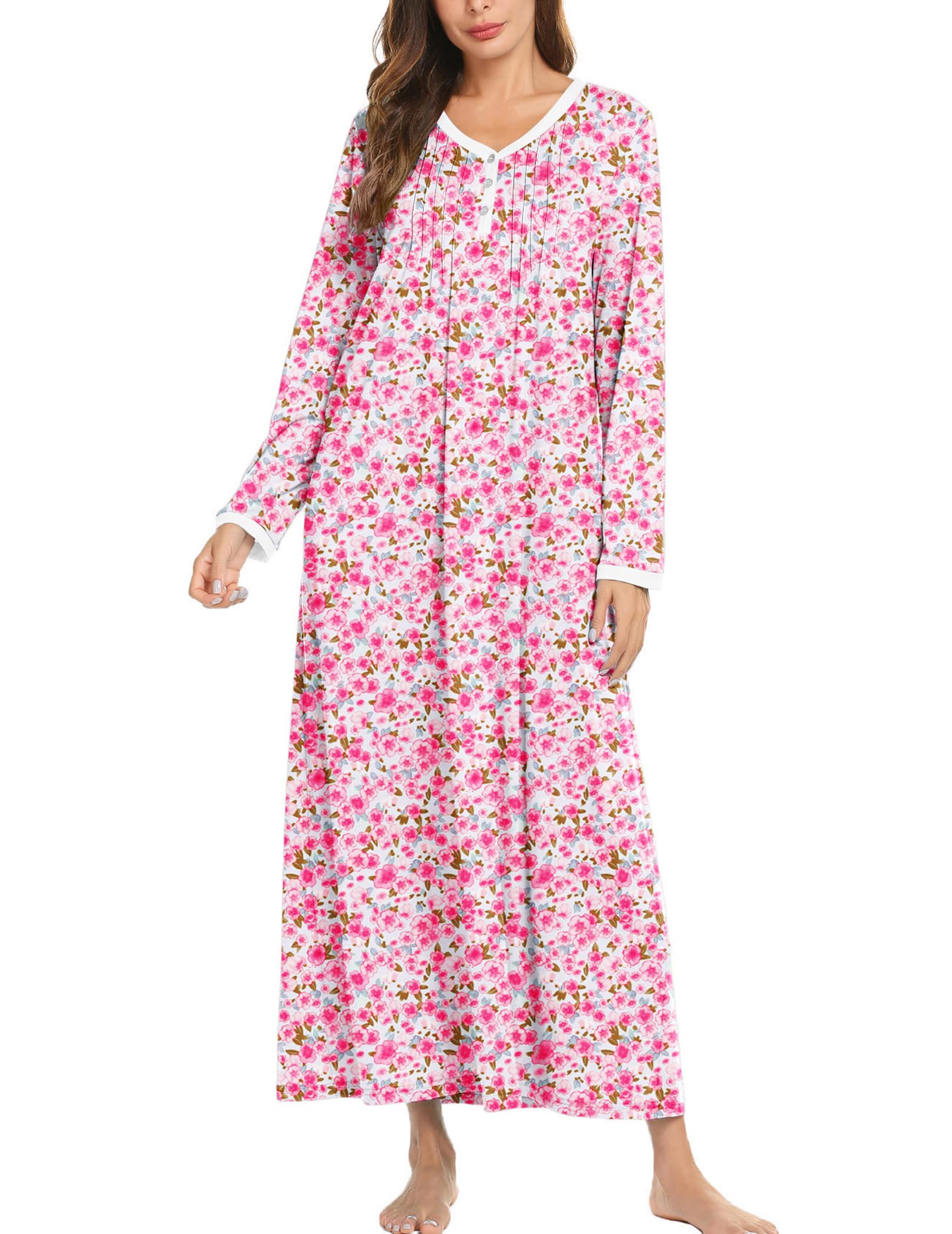 Ekouaer Women's Long Sleeve Nightgown Full Length Sleepwear Long Sleepshirts Henley Sleep Dress S-4XL Image