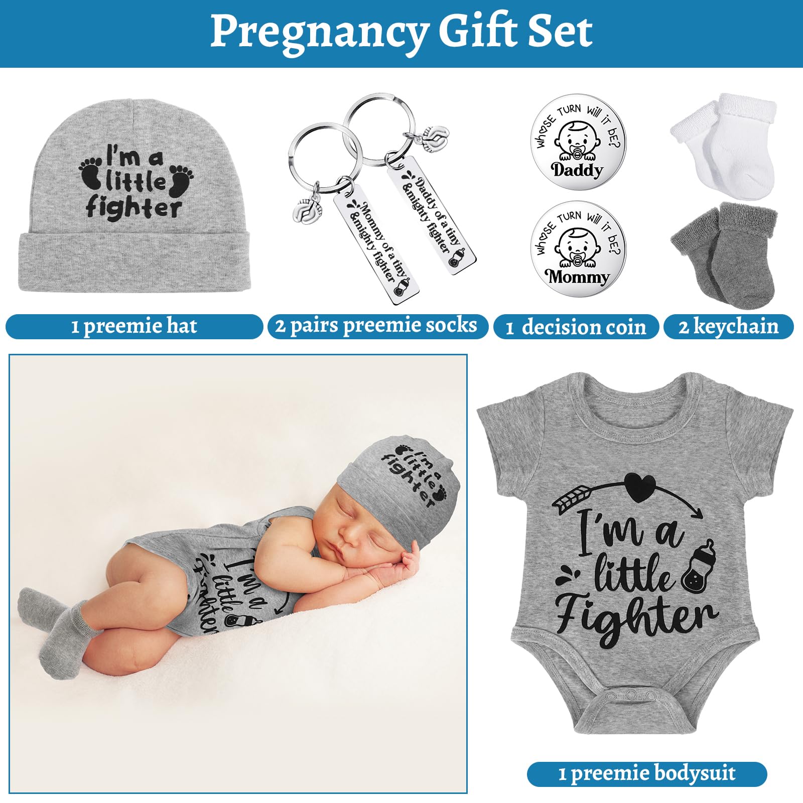 Toulite NICU Preemie Baby Gift Set I'm Little Fighter Preemie Baby Hat and Bodysuit Cotton Socks with Keychain Coin