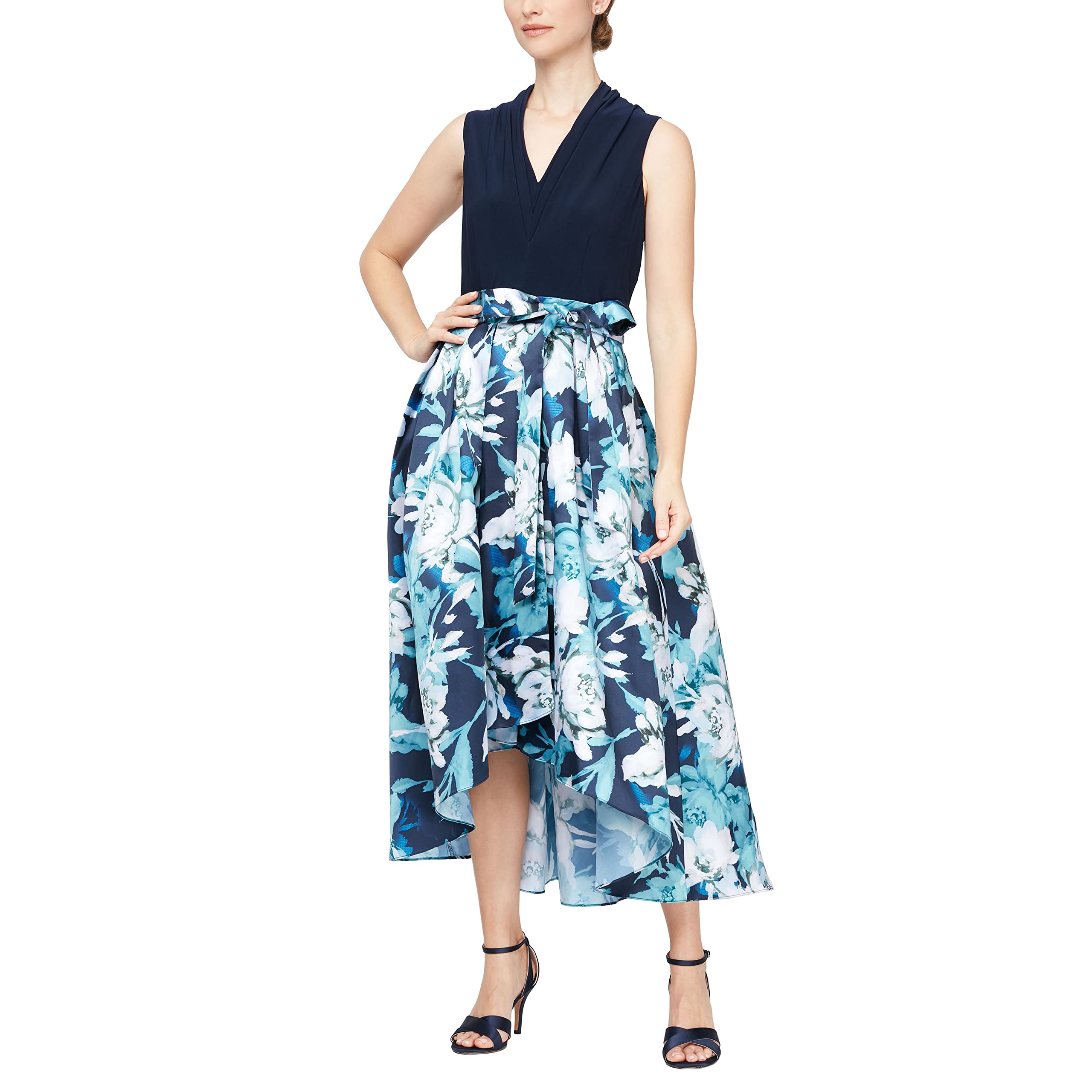 S.L. Fashions Women’s Floral High-Low Gown with Pockets and Stretch Bodice, Wedding Guest Dress (Petite and Regular Sizes), Navy Multi Blues, 12