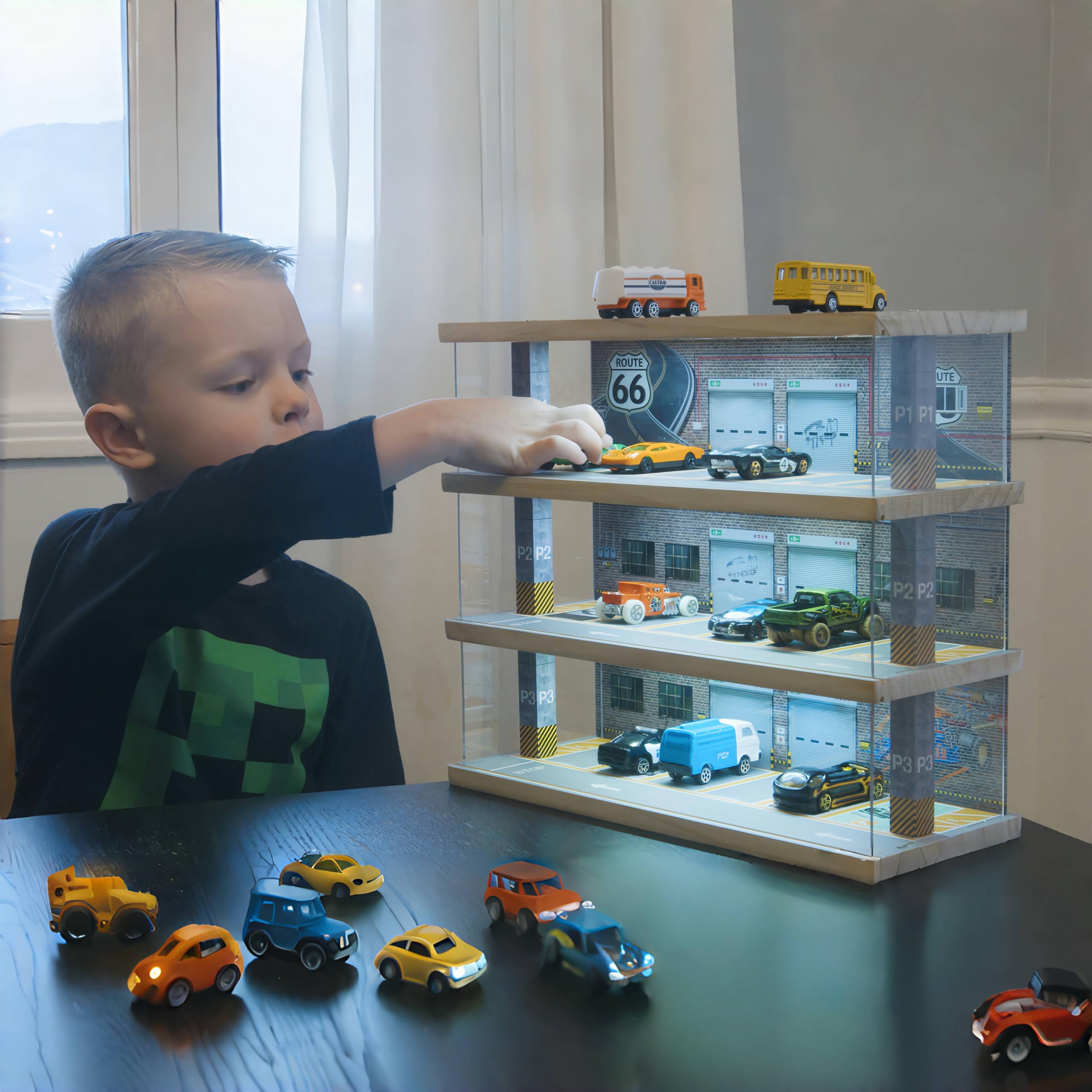 Saichotoy Storage for Hot Wheels: Toy Car Parking Garage Diorama with Lights - Freestanding Display Case for 1/64 Scale Diecast Cars with 4 Levels 24 Spots Maximum 40 Cars