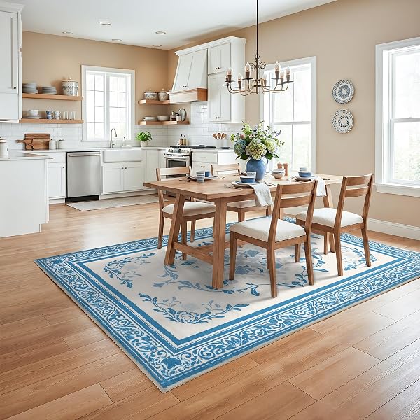 SOULFUL MEDIUM PILE 4X6 RUGS FOR LIVING ROOM – COZY SOFT UNDERFOOT AREA RUG – BLUE BOHO FLORAL – WASHABLE NON-SLIP – PERFECT FOR BEDROOM KIDS ROOM UNDER DINING TABLE OFFICE
